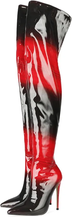 Red and Black Gradient Boots,Pointed Toe Stiletto Boots for Women,Rear Zipper,Comfortable Fit Over The Knee Boots