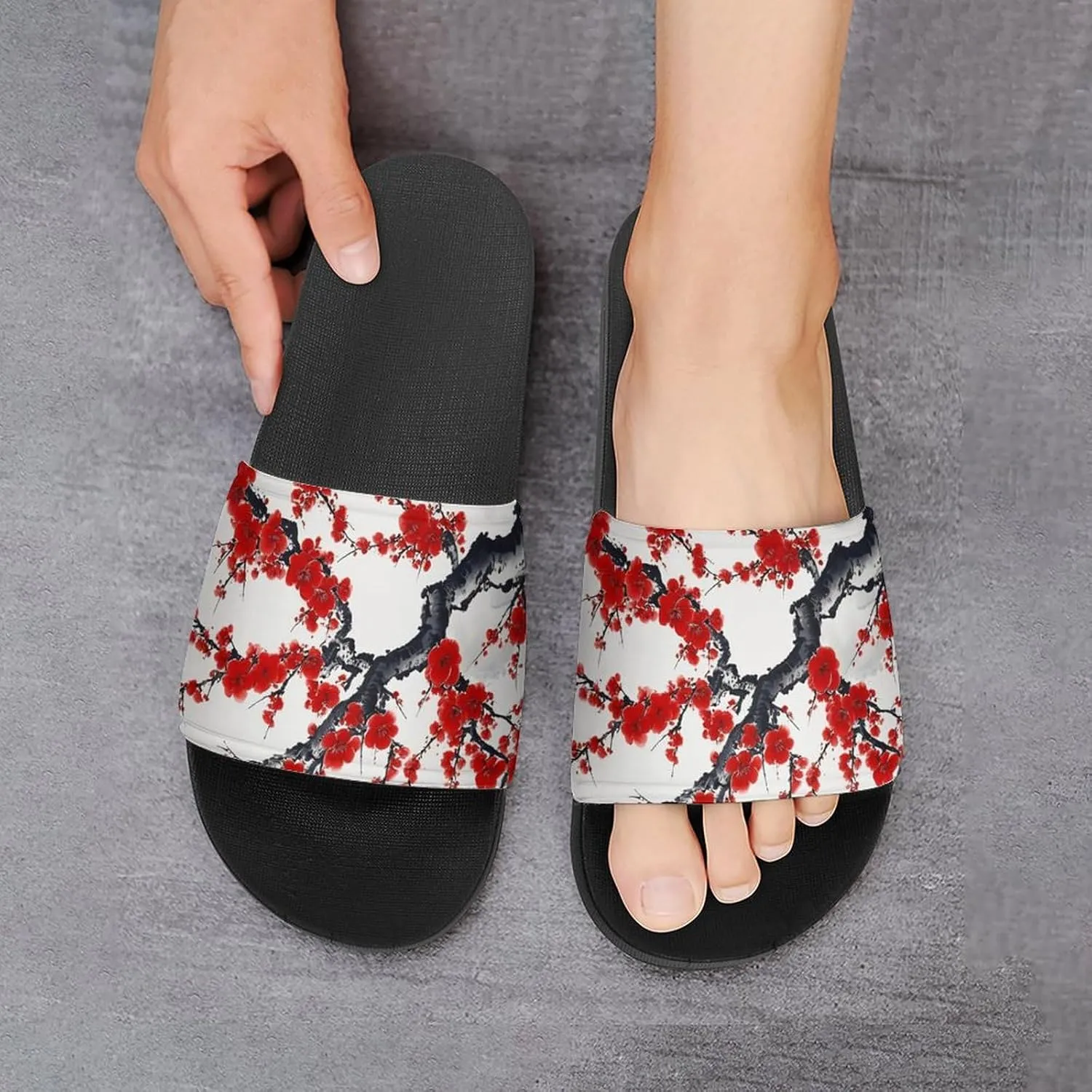 Red Plum Flowers Funny House Sandals Non Slip Shower Slippers Quick Drying Bathroom Shoes for Women Men