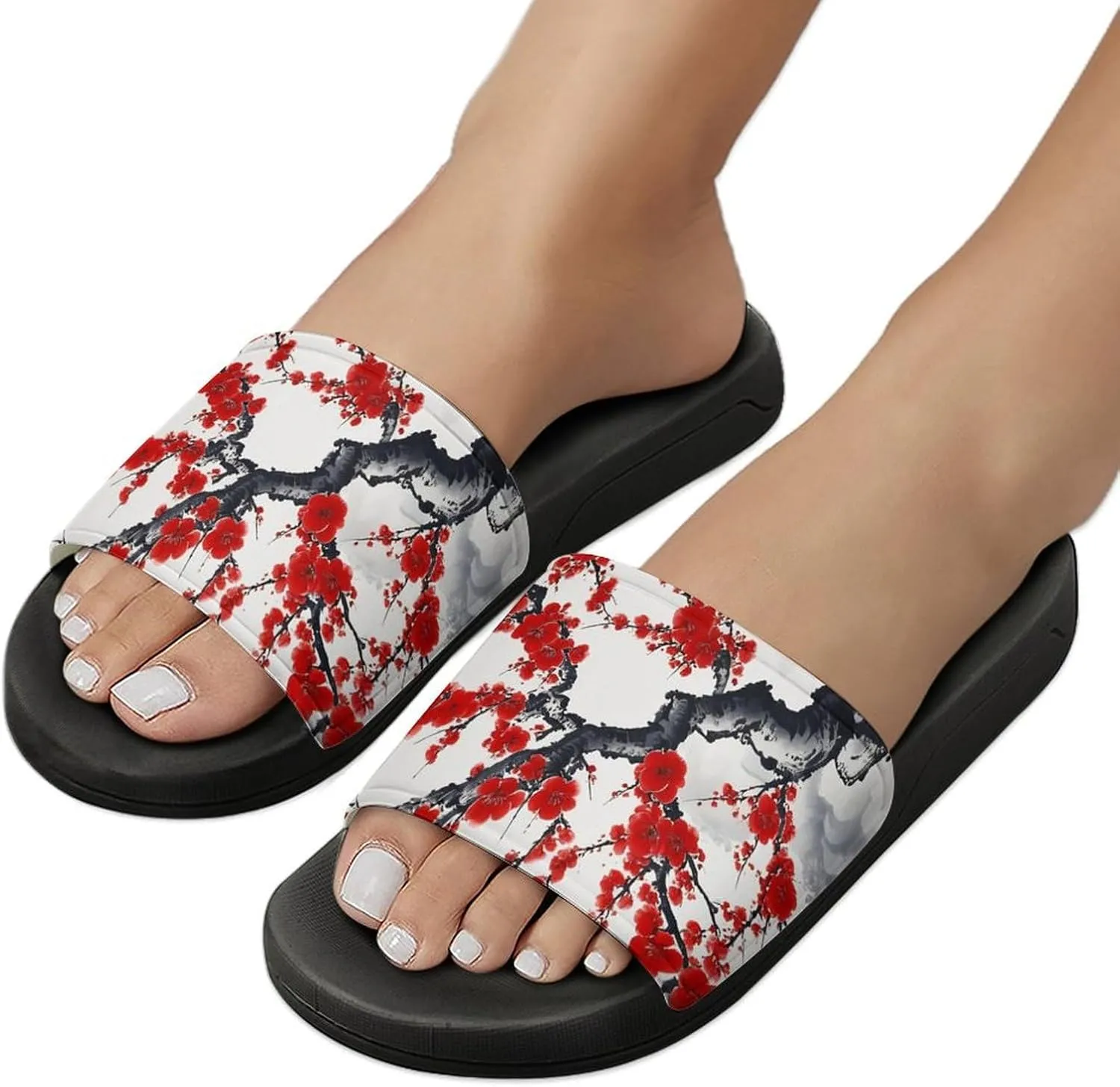 Red Plum Flowers Funny House Sandals Non Slip Shower Slippers Quick Drying Bathroom Shoes for Women Men