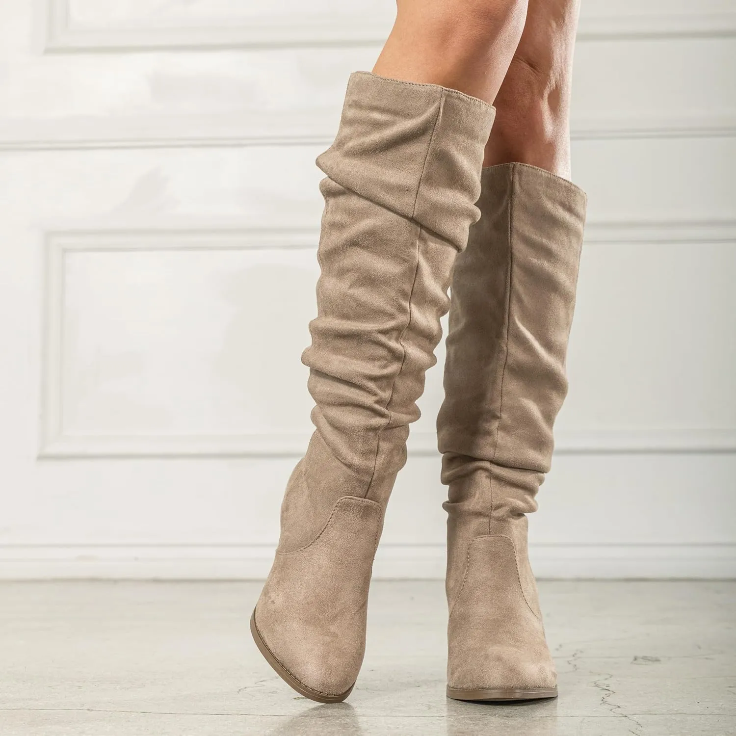 RF ROOM OF FASHION Women's Stacked Heel Slouchy Knee High Boots (Regular Fit)