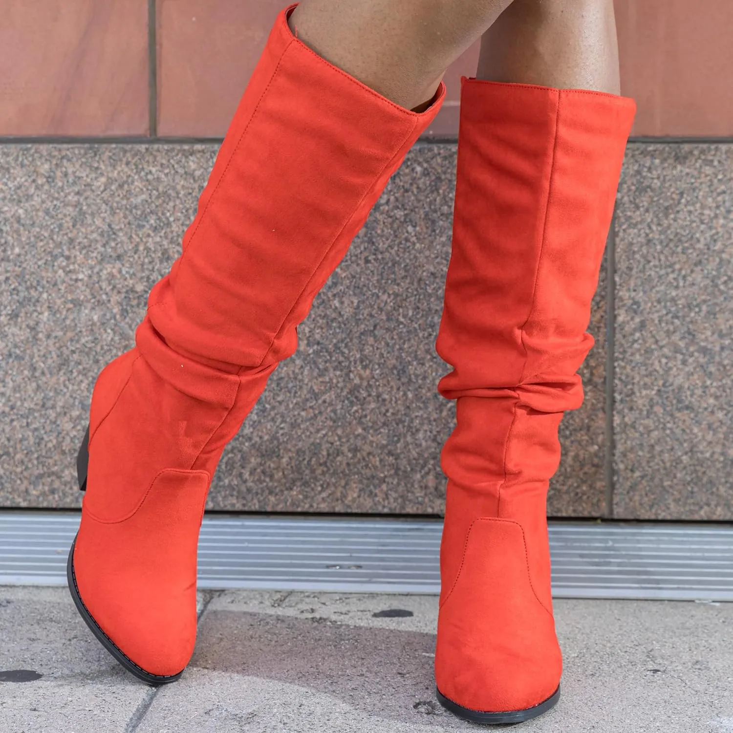 RF ROOM OF FASHION Women's Stacked Heel Slouchy Knee High Boots (Regular Fit)