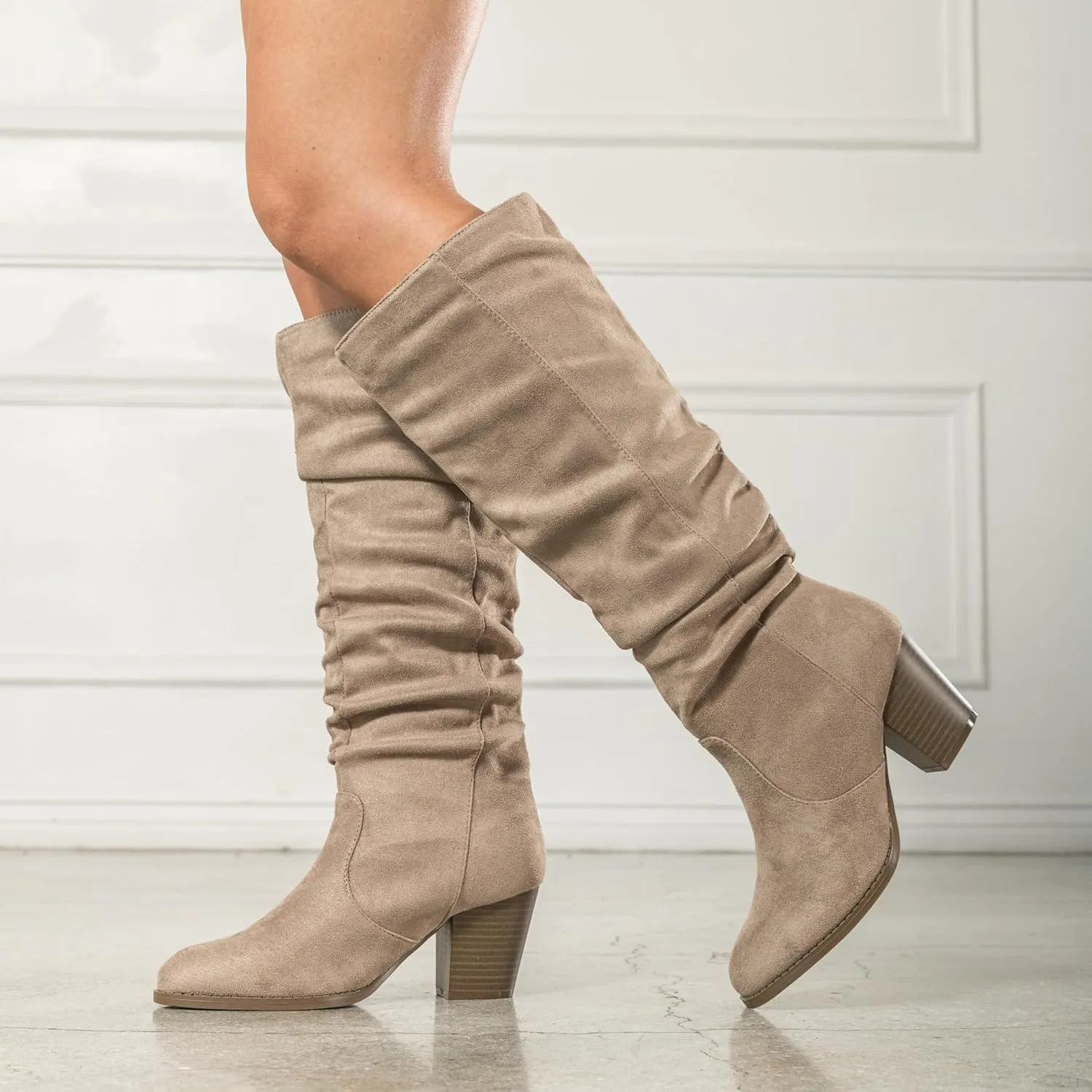 RF ROOM OF FASHION Women's Stacked Heel Slouchy Knee High Boots (Regular Fit)