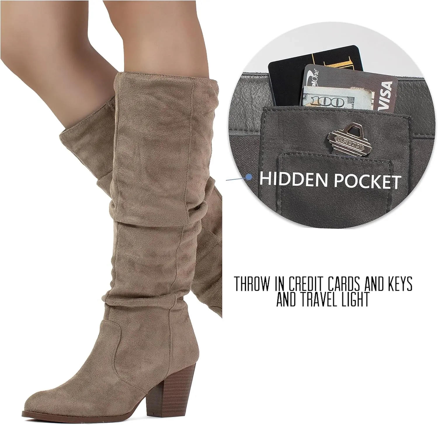 RF ROOM OF FASHION Women's Stacked Heel Slouchy Knee High Boots (Regular Fit)
