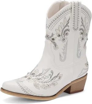 Rhinestone Ankle Cowboy Boots for Women Embroidered Short Cowgirl Boots With Low Heel Side Zipper Comfortable Chunky Heels Western Booties For Prom Party Wedding Pull On Shoes