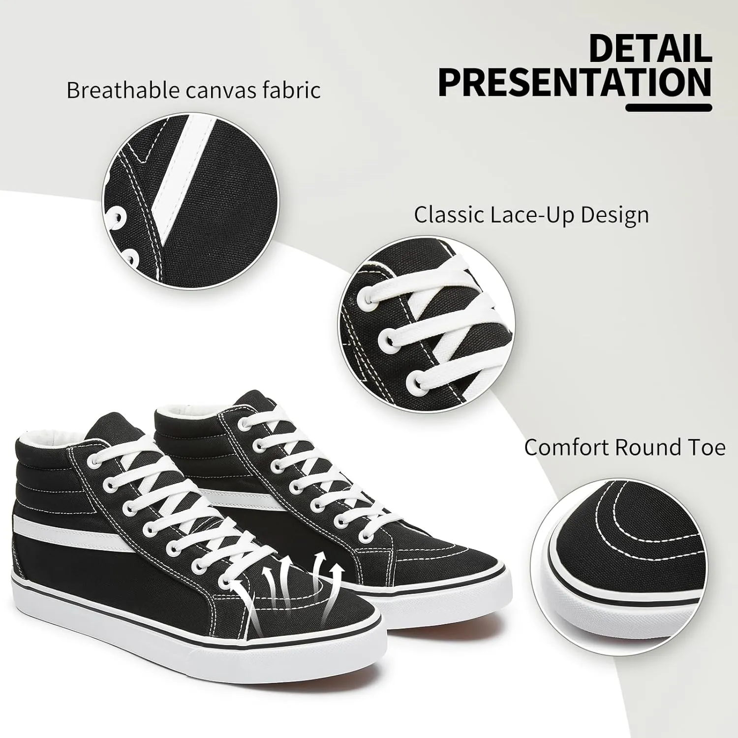 Rominz Mens White Canvas Shoes Fashion High-Top Canvas Sneakers for Men Casual Tennis Shoes Black Classic Lace-UP Walking Shoes Skate Shoes, 7
