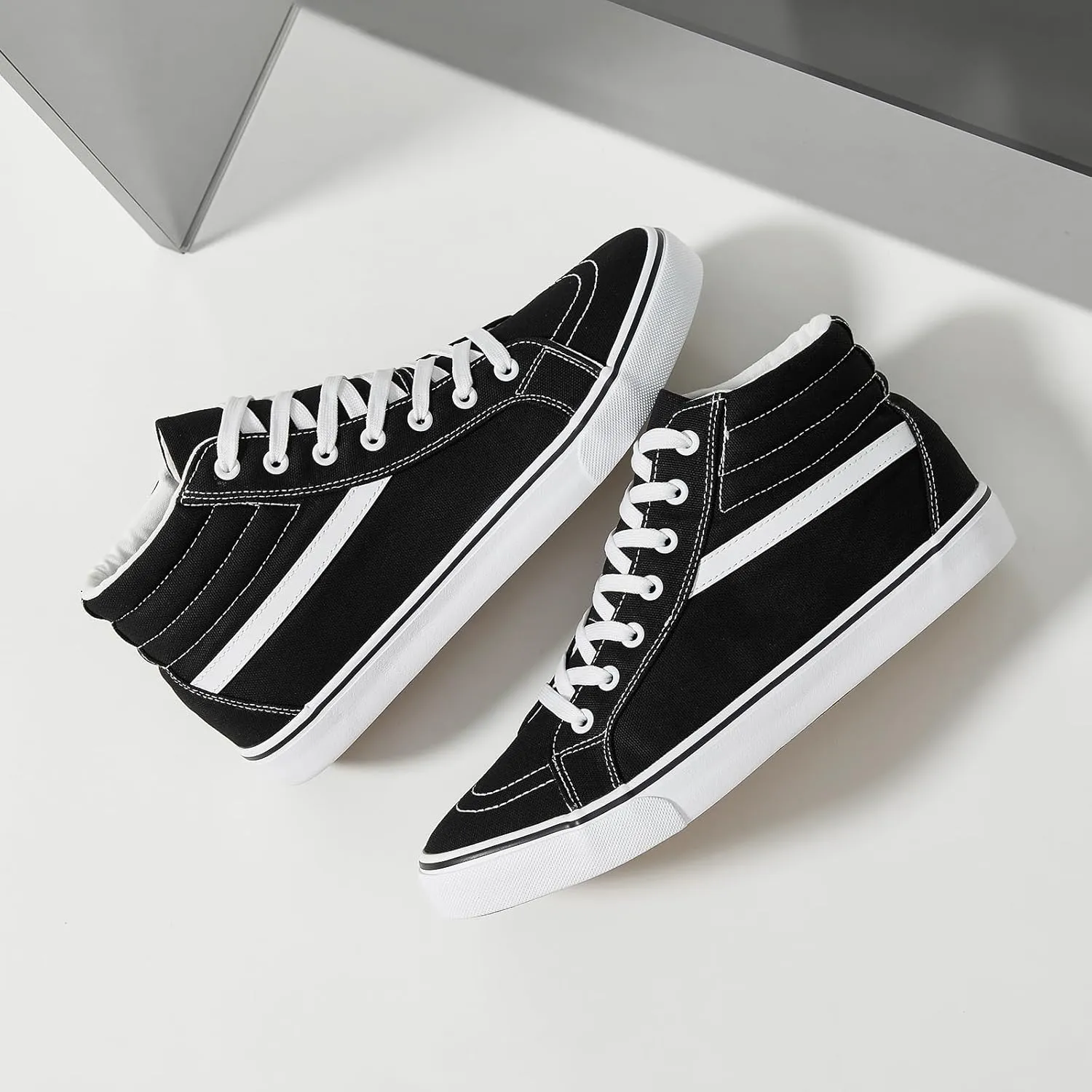 Rominz Mens White Canvas Shoes Fashion High-Top Canvas Sneakers for Men Casual Tennis Shoes Black Classic Lace-UP Walking Shoes Skate Shoes, 7