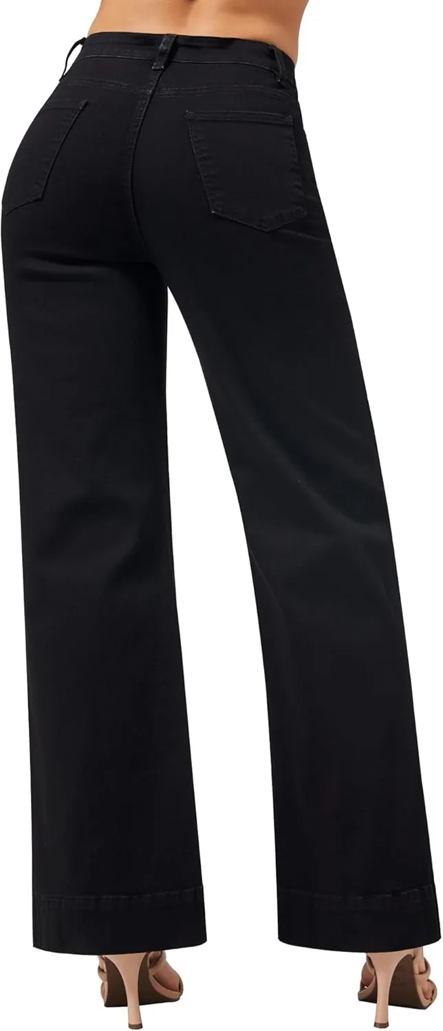 roswear Women's Wide Leg Jeans Casual High Waisted Stretchy Baggy Loose Long Trouser Jeans