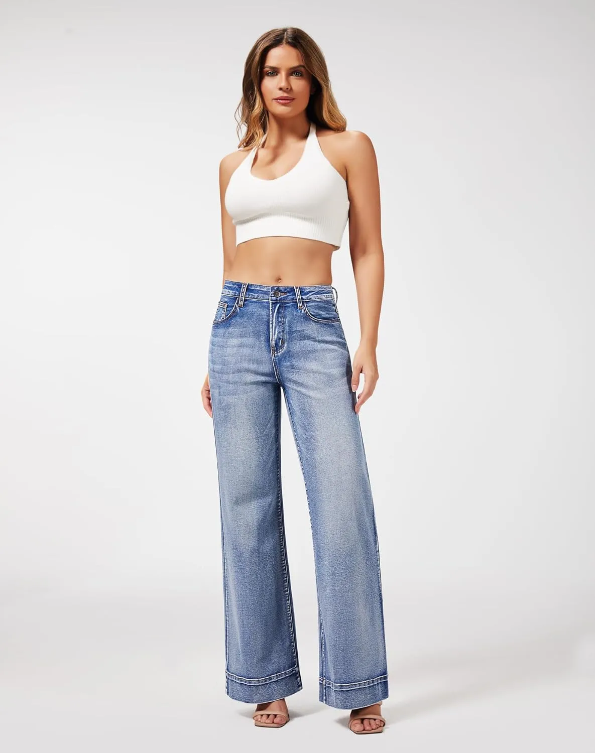 roswear Women's Wide Leg Jeans Casual High Waisted Stretchy Baggy Loose Long Trouser Jeans