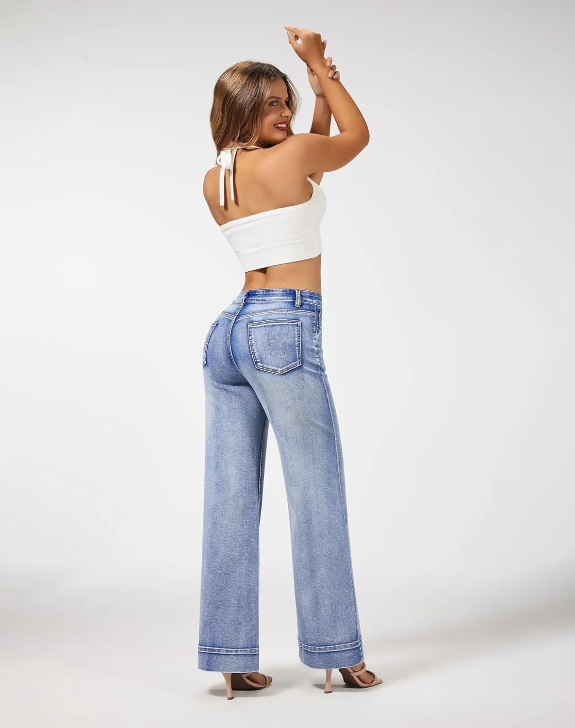 roswear Women's Wide Leg Jeans Casual High Waisted Stretchy Baggy Loose Long Trouser Jeans
