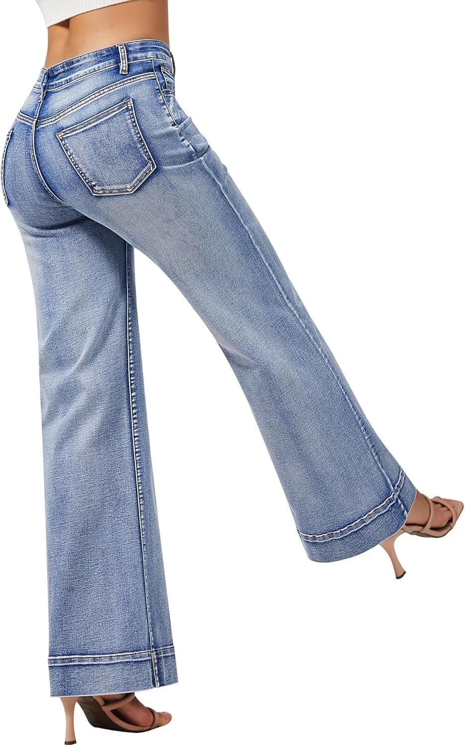 roswear Women's Wide Leg Jeans Casual High Waisted Stretchy Baggy Loose Long Trouser Jeans