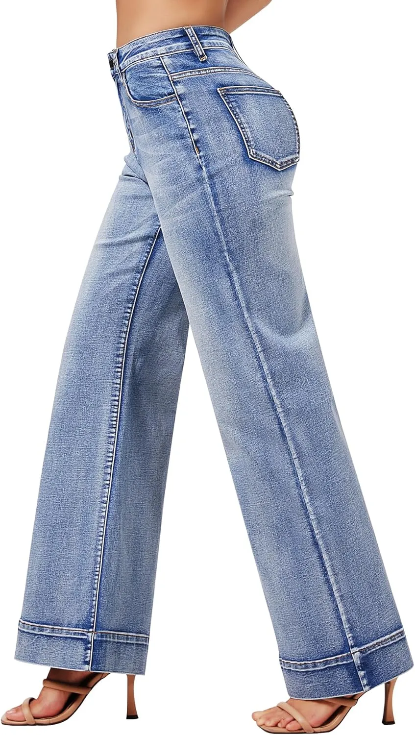 roswear Women's Wide Leg Jeans Casual High Waisted Stretchy Baggy Loose Long Trouser Jeans