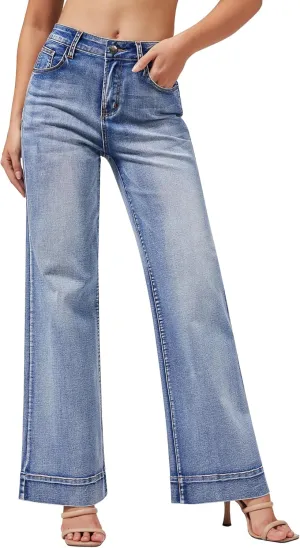 roswear Women's Wide Leg Jeans Casual High Waisted Stretchy Baggy Loose Long Trouser Jeans