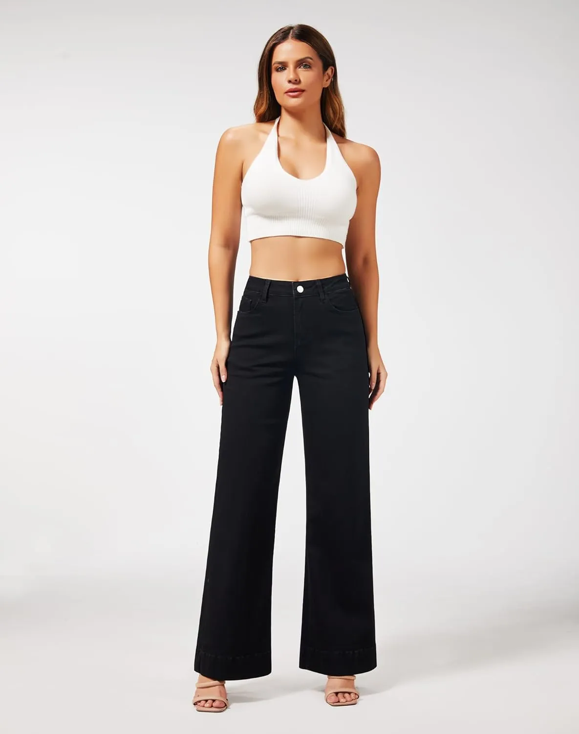 roswear Women's Wide Leg Jeans Casual High Waisted Stretchy Baggy Loose Long Trouser Jeans