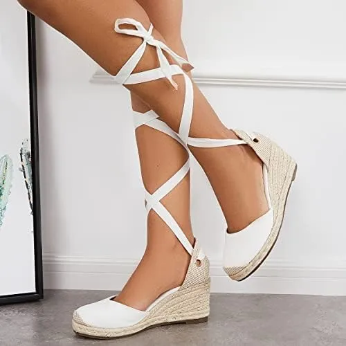 Ruanyu Womens Platform Espadrille Sandals Lace Up Closed Toe Summer Wedge Sandals