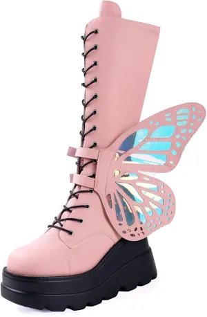 SACFOF Women Platform Punk Goth Mid Calf Boots Chunky High Heel Side Zip Butterfly Wings Knee High Motorcycle Combat Booties