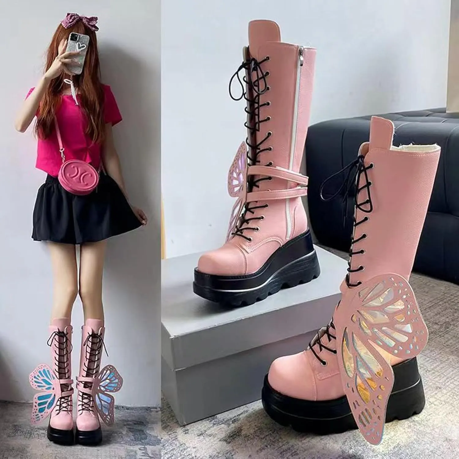 SACFOF Women Platform Punk Goth Mid Calf Boots Chunky High Heel Side Zip Butterfly Wings Knee High Motorcycle Combat Booties