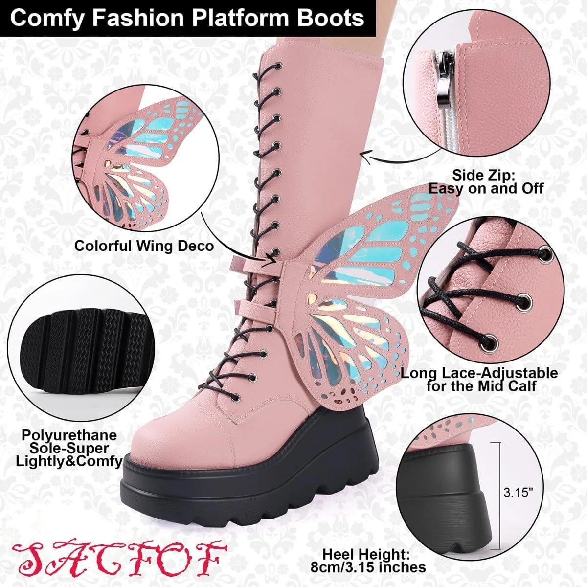 SACFOF Women Platform Punk Goth Mid Calf Boots Chunky High Heel Side Zip Butterfly Wings Knee High Motorcycle Combat Booties