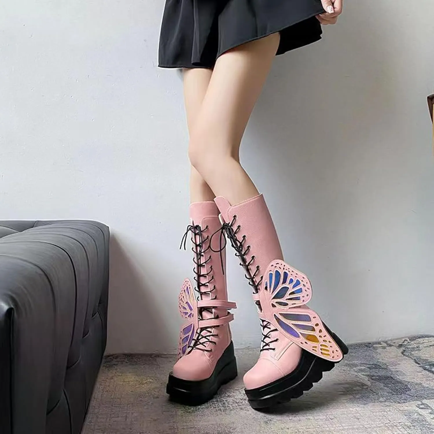 SACFOF Women Platform Punk Goth Mid Calf Boots Chunky High Heel Side Zip Butterfly Wings Knee High Motorcycle Combat Booties