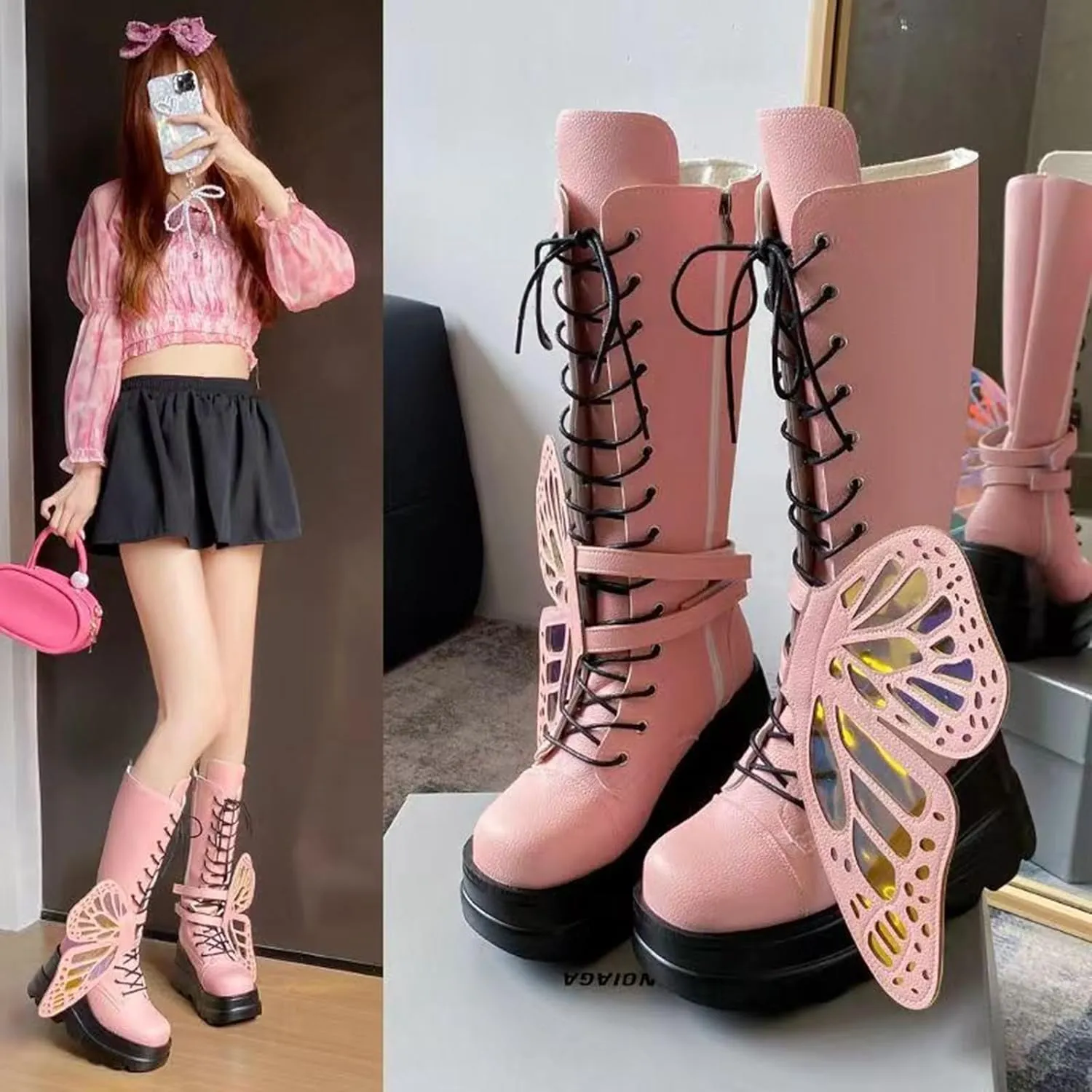 SACFOF Women Platform Punk Goth Mid Calf Boots Chunky High Heel Side Zip Butterfly Wings Knee High Motorcycle Combat Booties