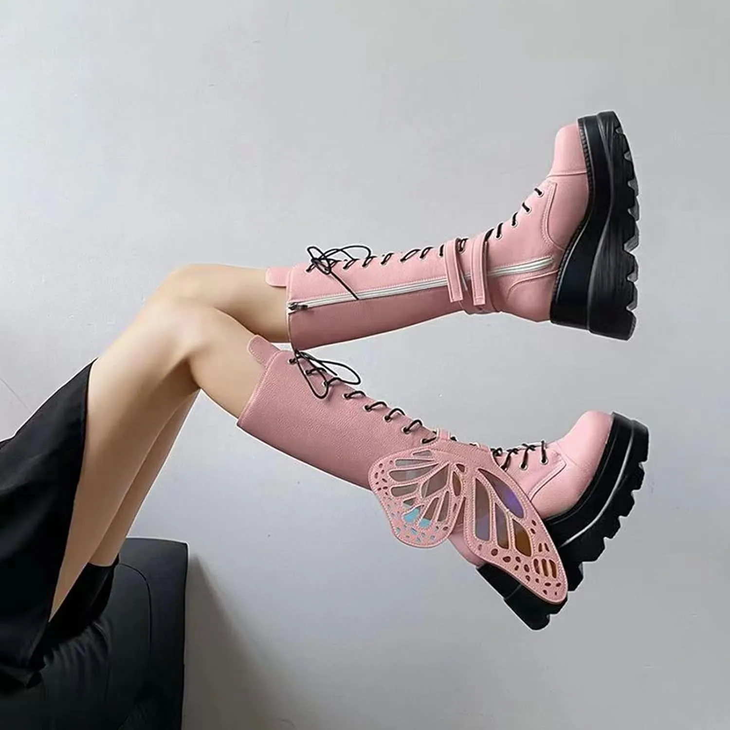 SACFOF Women Platform Punk Goth Mid Calf Boots Chunky High Heel Side Zip Butterfly Wings Knee High Motorcycle Combat Booties