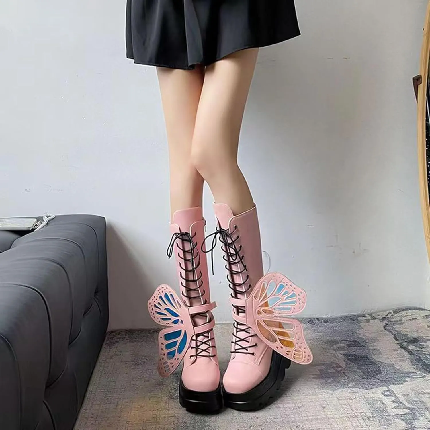 SACFOF Women Platform Punk Goth Mid Calf Boots Chunky High Heel Side Zip Butterfly Wings Knee High Motorcycle Combat Booties