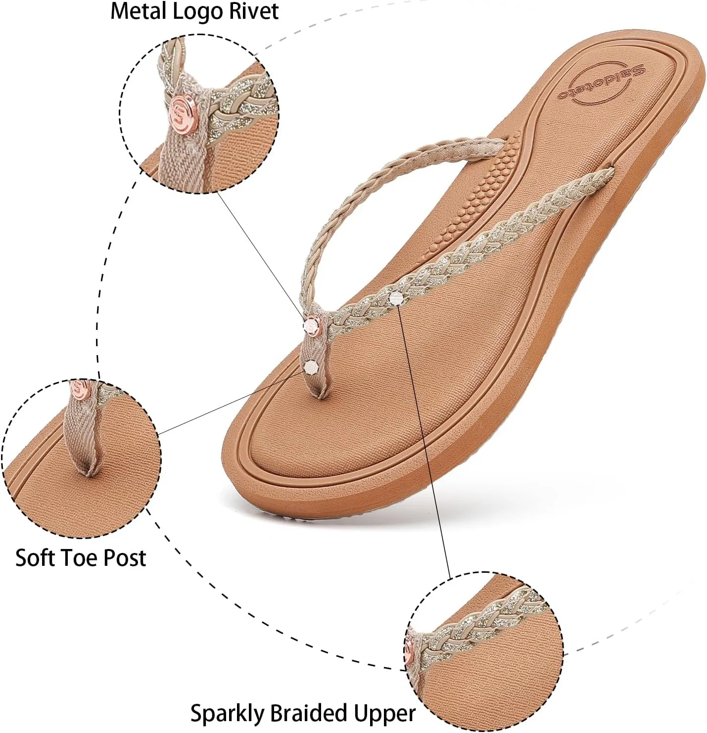 Saidoteto Women's Glittery Dressy Flip Flops, Casual Braided Slip-On Summer Beach Thong Sandals with Slim T-Strap