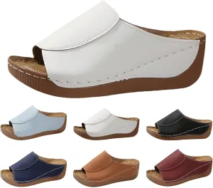 Sandals for Women 2025 Comfortable Arch Support Slides Summer Platform Wedge Sandals Solid Color Breathable Orthotic Leather Shoes Casual Slip on All Day Walking Sandal