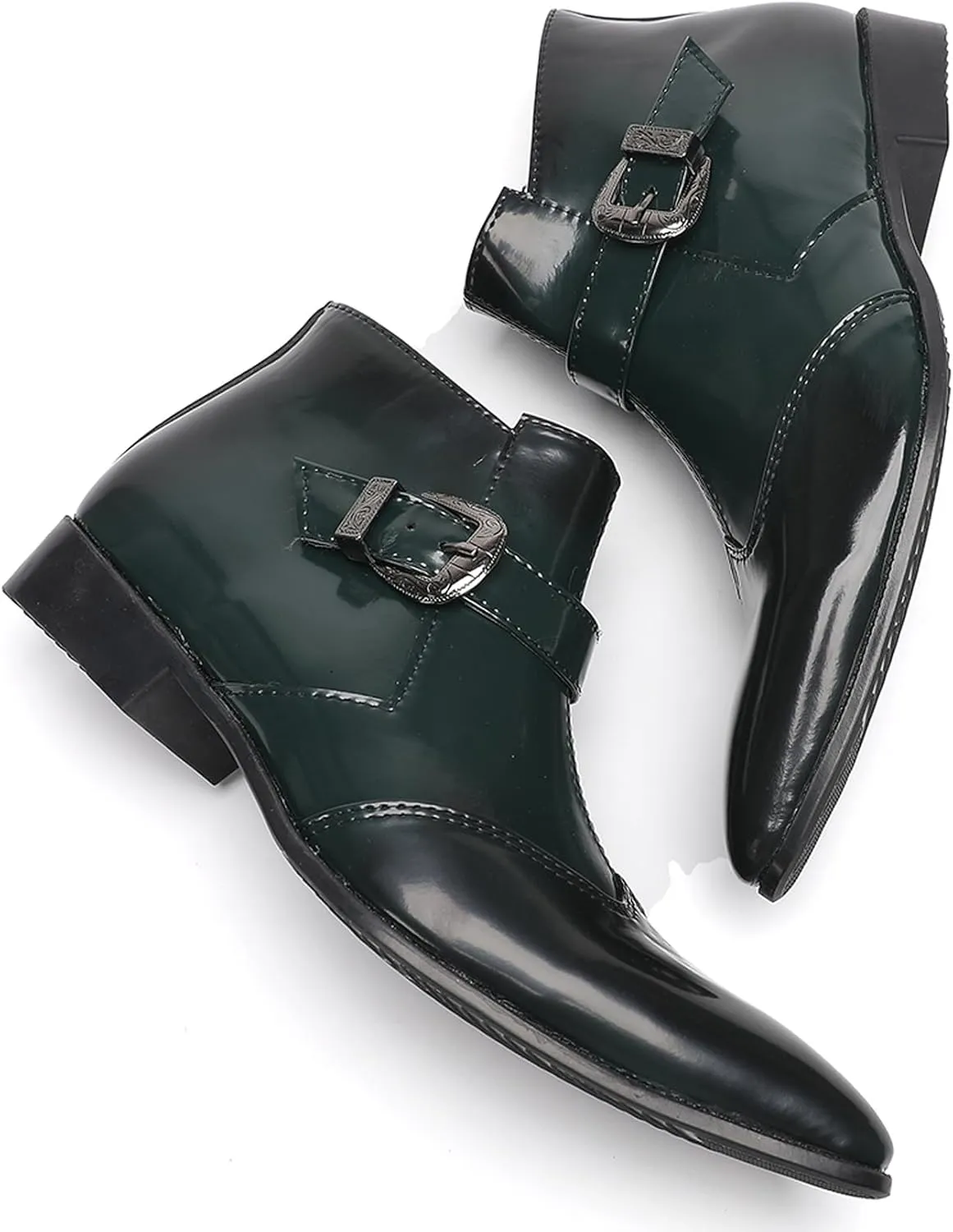 Santimon Men's Formal & Casual Dress Green Patent Leather Chelsea Boots with Buckle, Zipper & Comfortable Fit – Pointed Toe Ankle Boots for Office, Wedding & Party
