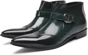 Santimon Men's Formal & Casual Dress Green Patent Leather Chelsea Boots with Buckle, Zipper & Comfortable Fit – Pointed Toe Ankle Boots for Office, Wedding & Party