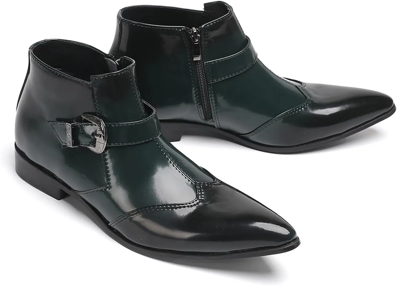 Santimon Men's Formal & Casual Dress Green Patent Leather Chelsea Boots with Buckle, Zipper & Comfortable Fit – Pointed Toe Ankle Boots for Office, Wedding & Party