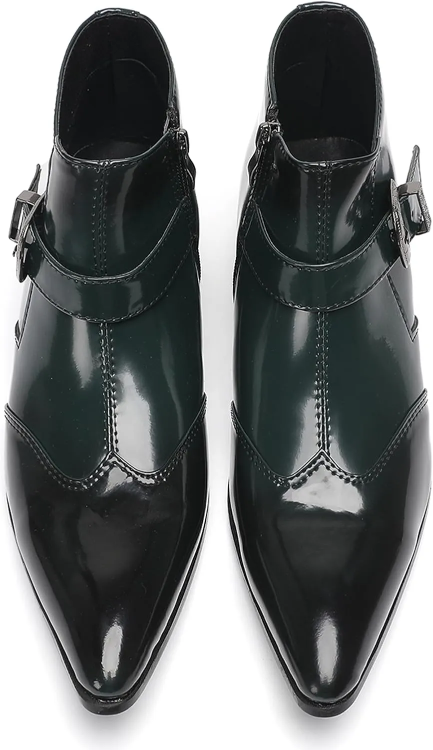 Santimon Men's Formal & Casual Dress Green Patent Leather Chelsea Boots with Buckle, Zipper & Comfortable Fit – Pointed Toe Ankle Boots for Office, Wedding & Party
