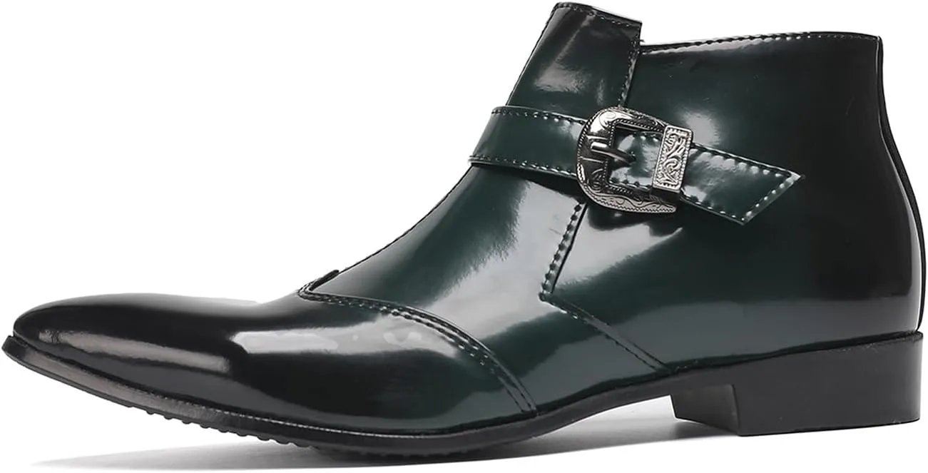 Santimon Men's Formal & Casual Dress Green Patent Leather Chelsea Boots with Buckle, Zipper & Comfortable Fit – Pointed Toe Ankle Boots for Office, Wedding & Party