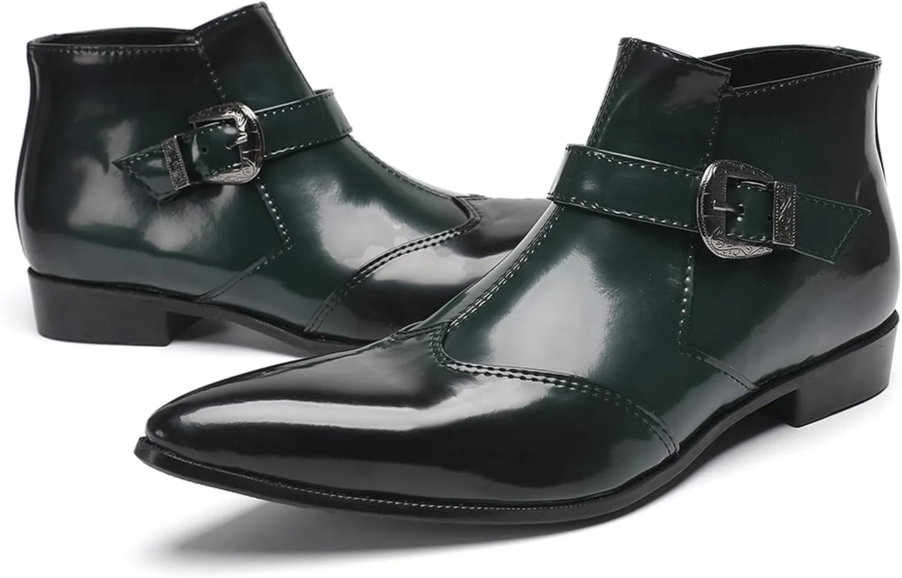 Santimon Men's Formal & Casual Dress Green Patent Leather Chelsea Boots with Buckle, Zipper & Comfortable Fit – Pointed Toe Ankle Boots for Office, Wedding & Party