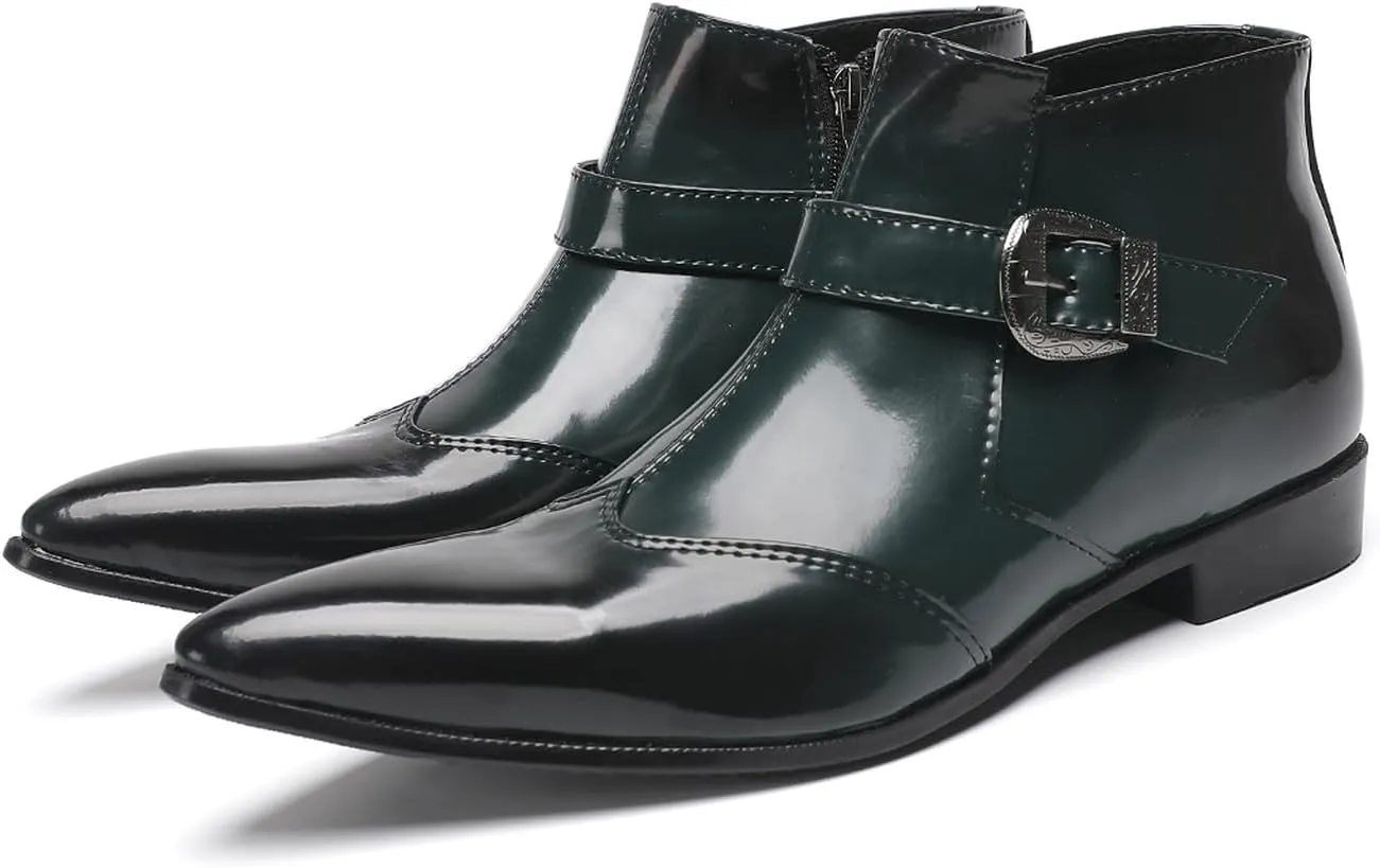 Santimon Men's Formal & Casual Dress Green Patent Leather Chelsea Boots with Buckle, Zipper & Comfortable Fit – Pointed Toe Ankle Boots for Office, Wedding & Party