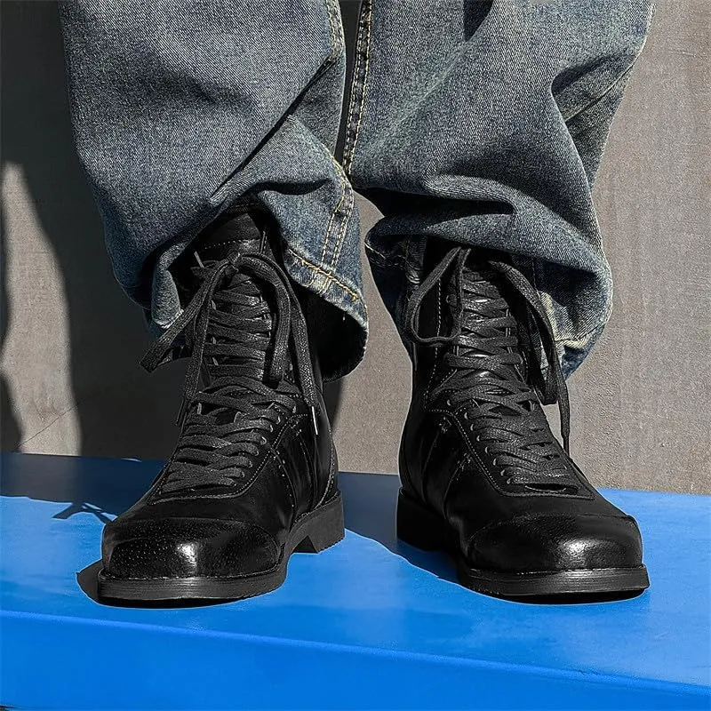 Santimon Men's Square Toe Dress Boots – Perforated Leather Fashion Punk Motorcycle Combat Boots Retro Lace Up Ankle Boots
