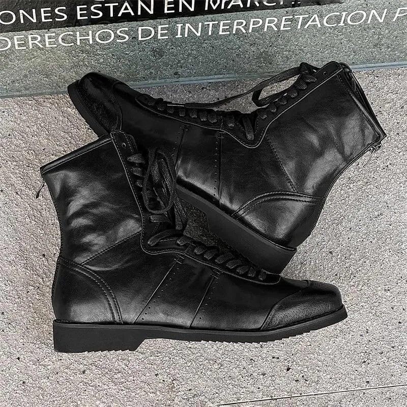 Santimon Men's Square Toe Dress Boots – Perforated Leather Fashion Punk Motorcycle Combat Boots Retro Lace Up Ankle Boots