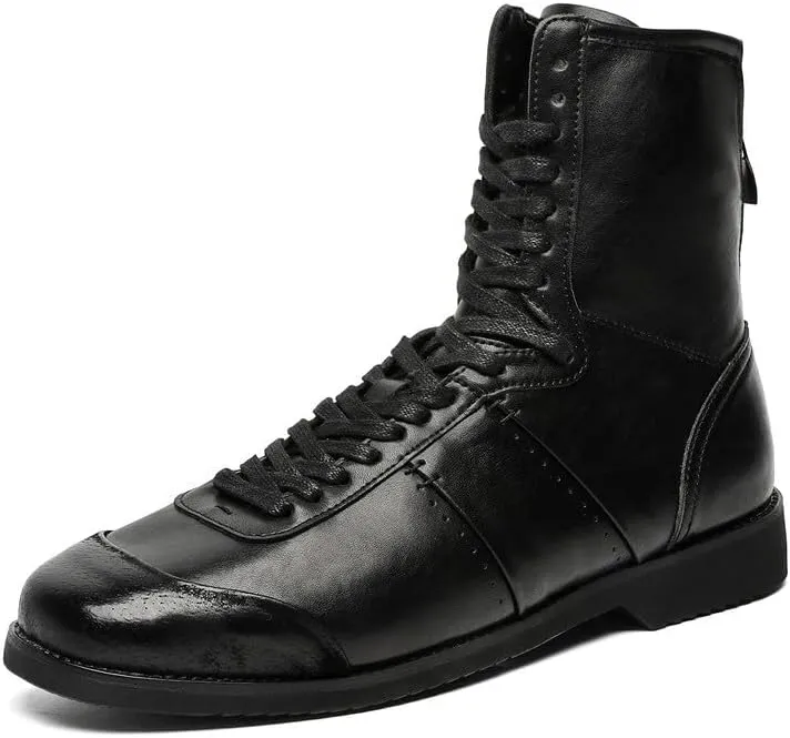 Santimon Men's Square Toe Dress Boots – Perforated Leather Fashion Punk Motorcycle Combat Boots Retro Lace Up Ankle Boots