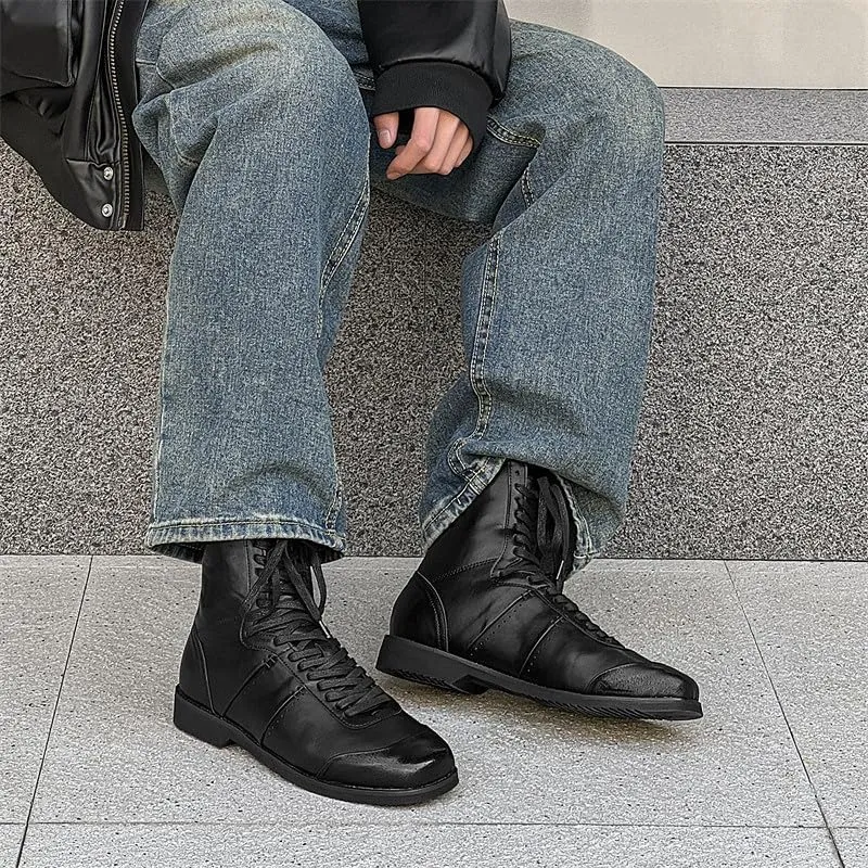 Santimon Men's Square Toe Dress Boots – Perforated Leather Fashion Punk Motorcycle Combat Boots Retro Lace Up Ankle Boots