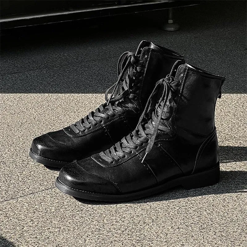 Santimon Men's Square Toe Dress Boots – Perforated Leather Fashion Punk Motorcycle Combat Boots Retro Lace Up Ankle Boots