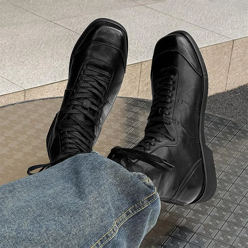 Santimon Men's Square Toe Dress Boots – Perforated Leather Fashion Punk Motorcycle Combat Boots Retro Lace Up Ankle Boots