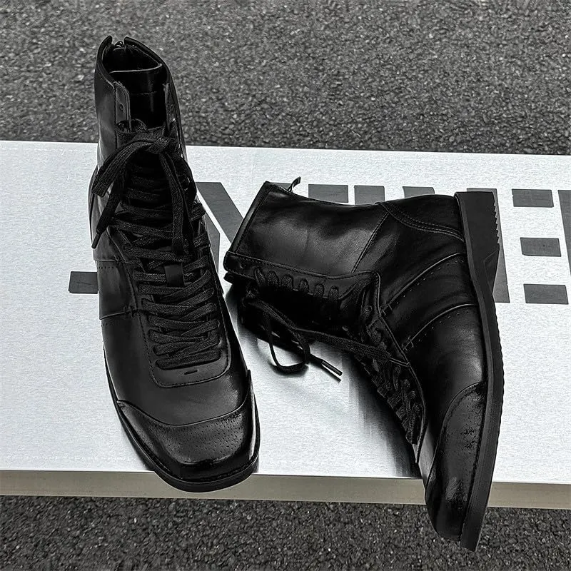 Santimon Men's Square Toe Dress Boots – Perforated Leather Fashion Punk Motorcycle Combat Boots Retro Lace Up Ankle Boots