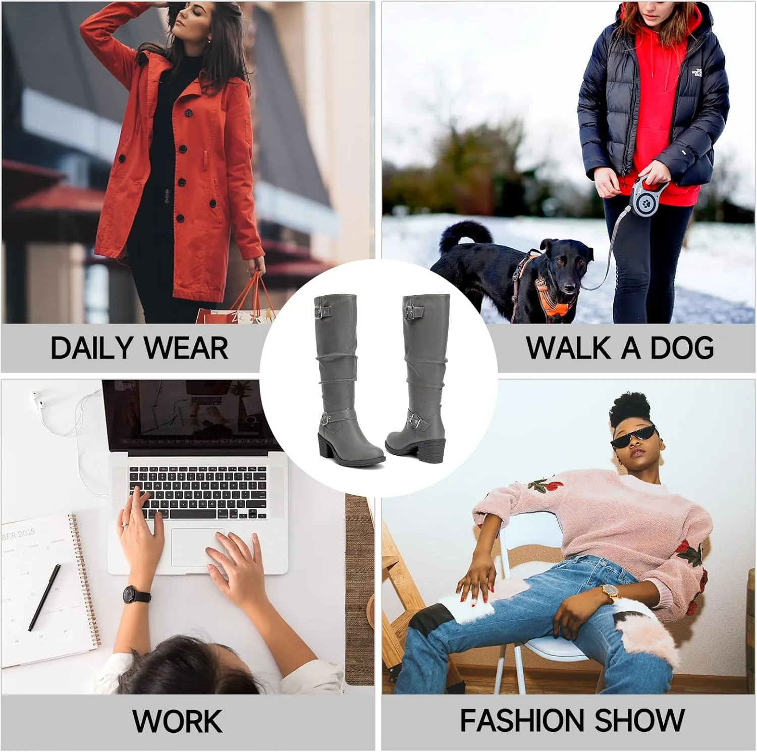 SelenePair Women's Knee High Boots Fashion Round Toe Buckle Strap Slouchy Mid Chunky Block Heel Boot