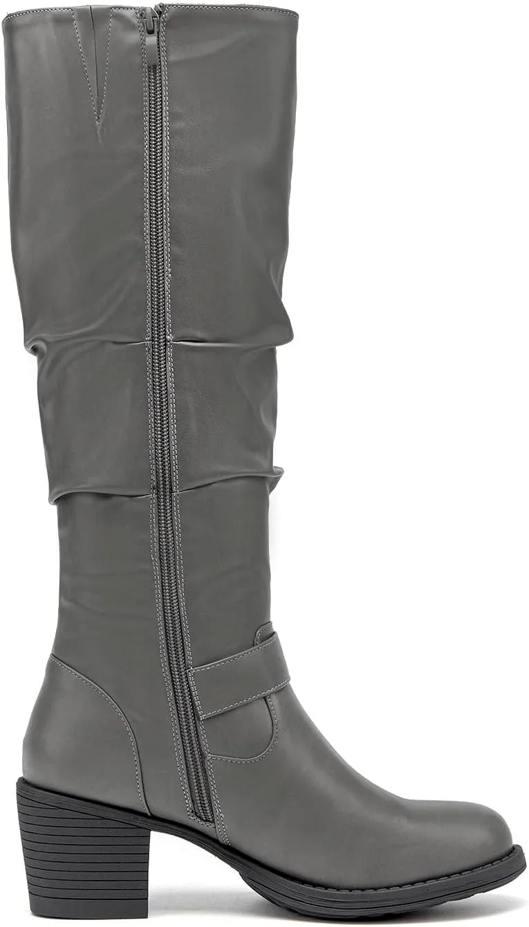 SelenePair Women's Knee High Boots Fashion Round Toe Buckle Strap Slouchy Mid Chunky Block Heel Boot