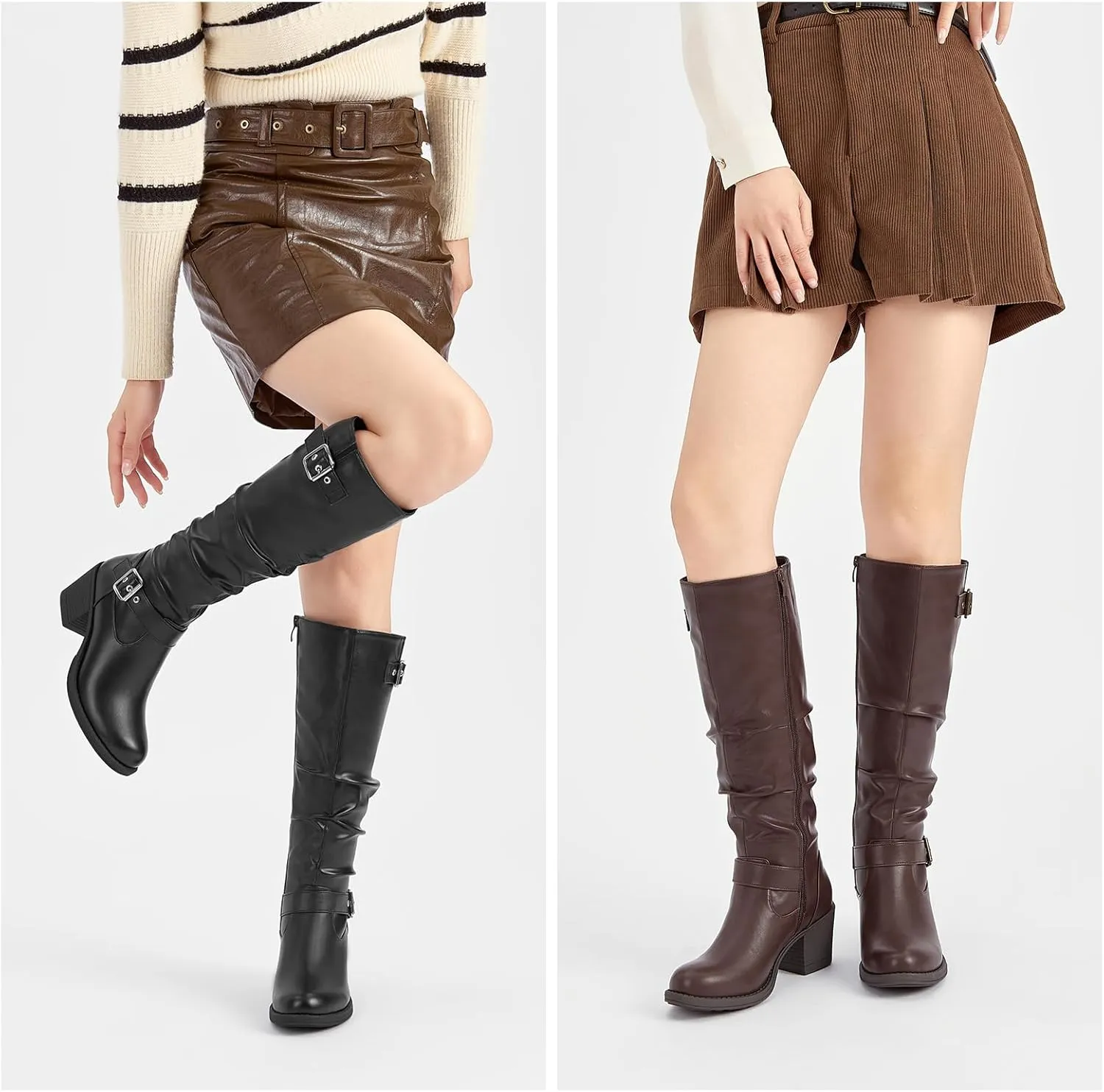 SelenePair Women's Knee High Boots Fashion Round Toe Buckle Strap Slouchy Mid Chunky Block Heel Boot