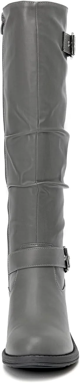 SelenePair Women's Knee High Boots Fashion Round Toe Buckle Strap Slouchy Mid Chunky Block Heel Boot