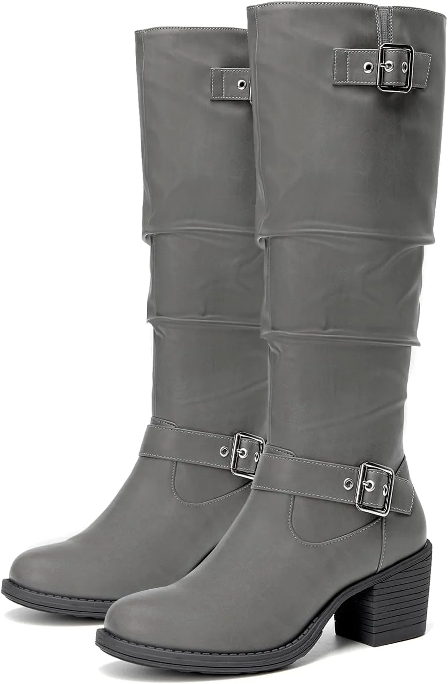 SelenePair Women's Knee High Boots Fashion Round Toe Buckle Strap Slouchy Mid Chunky Block Heel Boot