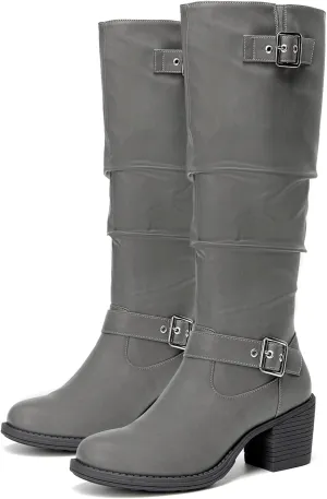 SelenePair Women's Knee High Boots Fashion Round Toe Buckle Strap Slouchy Mid Chunky Block Heel Boot