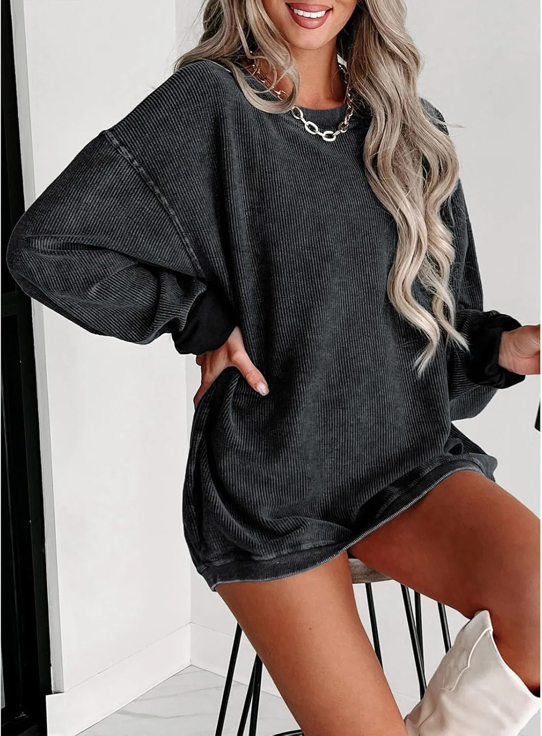 SELINK Womens Crewneck Oversized Corduroy Corded Sweatshirt Long Sleeve Casual Pullover Tops