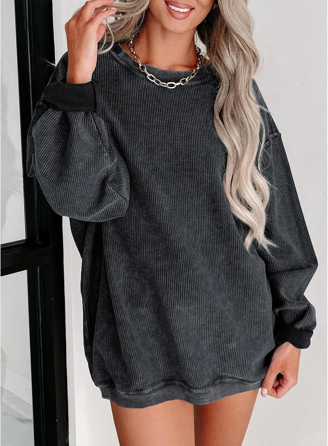 SELINK Womens Crewneck Oversized Corduroy Corded Sweatshirt Long Sleeve Casual Pullover Tops