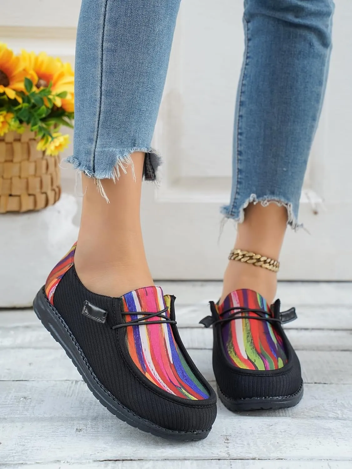 Shesnugin|Women's Black Fabric Slip On Casual Loafers Comfortable Lightweight Breathable Canvas Lace-Up Walking Flat Boat Shoes Ultralight Sole Wide Deck Shoes for Work and Traveling